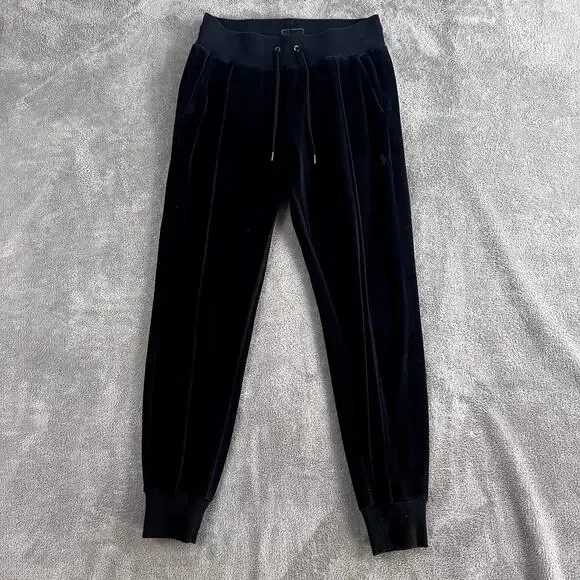 Ralph Lauren Velour Joggers Womens XS Black Luxe Loungewear Drawstring - Picture 1 of 11